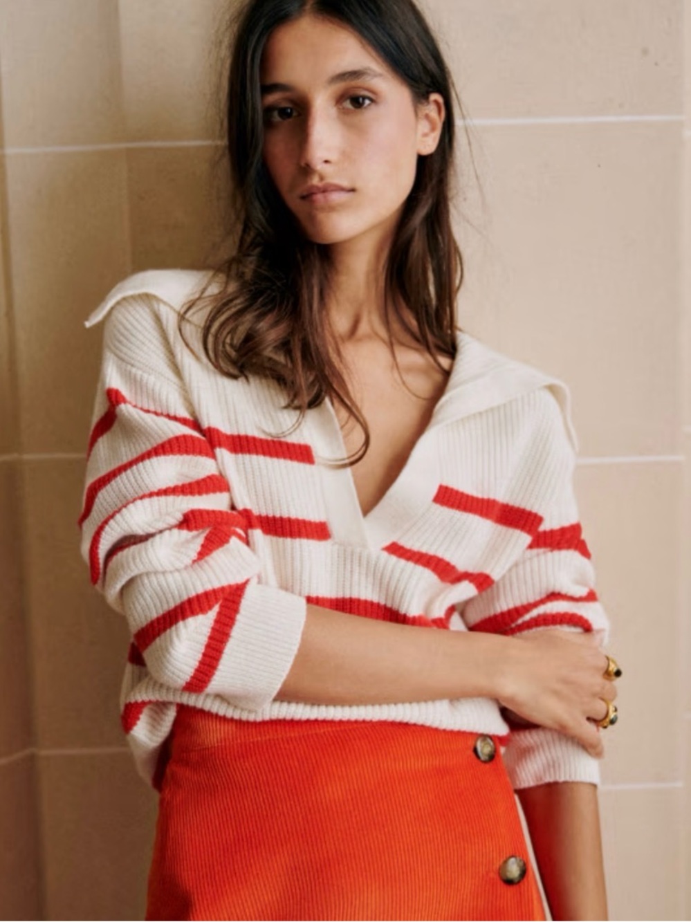 Sezane Tahar Striped Jumper Sweater Ecru/Red